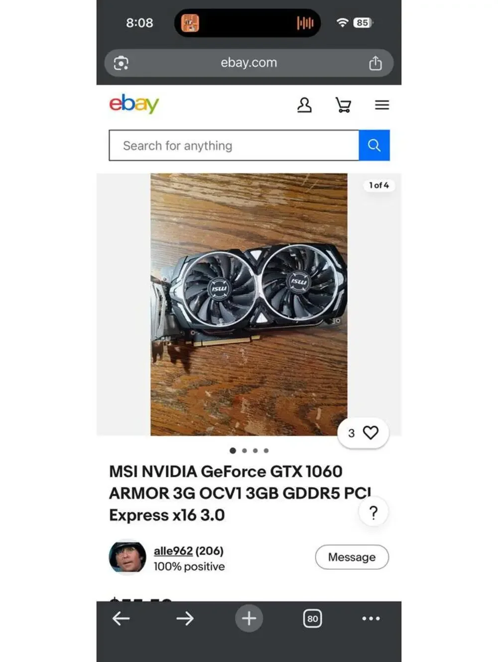 MSI NVIDIA GeForce GTX 1060 ARMOR 3G OC V1 3GB GDDR5 PCI Express x16 3.0 Graphic